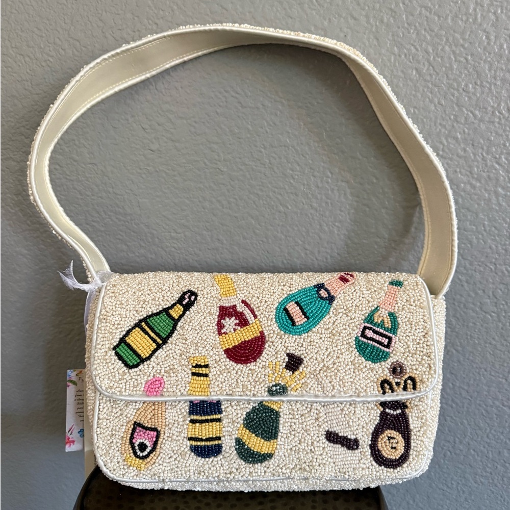 Beaded Champagne Bottle Shoulder Bag - Cream